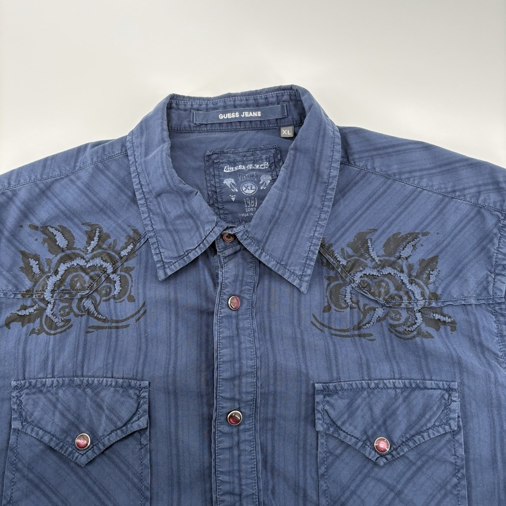 VTG Guess Jeans Short Sleeve Pearl‎ Snap Shirt Western Embroidery Size XL Navy